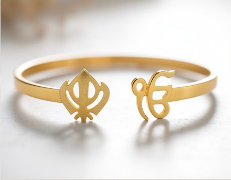 Khanda & Ik Onkar Gold-Tone Open Cuff Bangle