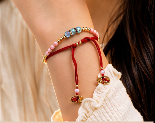 Pastel Beaded Adjustable Bracelet with Gold Beads & Red Thread