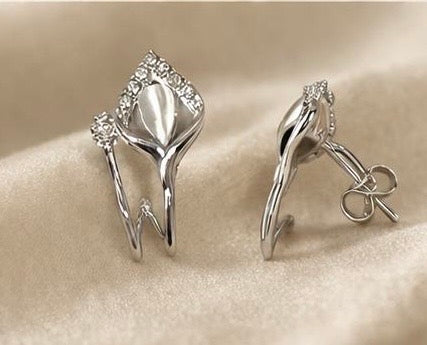 Elegant Silver Calla Lily Stud Earrings for Women | Floral CZ Crystal Earrings