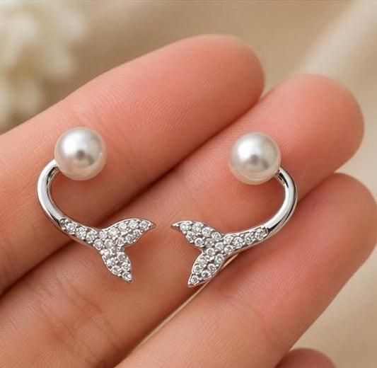 Elegant Pearl & Crystal Whale Tail Stud Earrings – Silver Finish