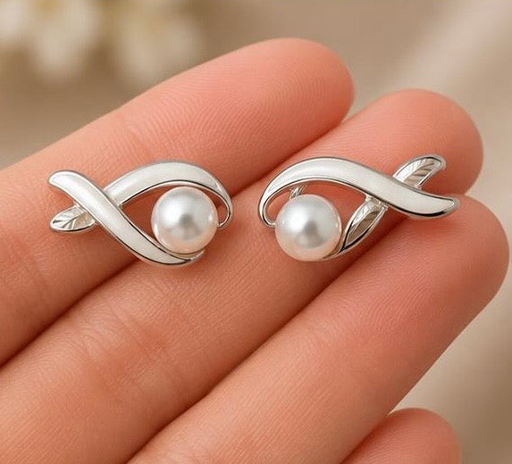 Elegant Pearl Wave Stud Earrings for Women | Silver Minimalist Pearl Earrings