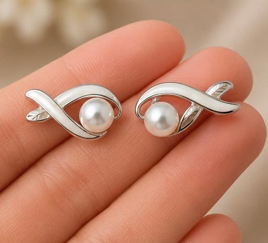 Elegant Pearl Wave Stud Earrings for Women | Silver Minimalist Pearl Earrings