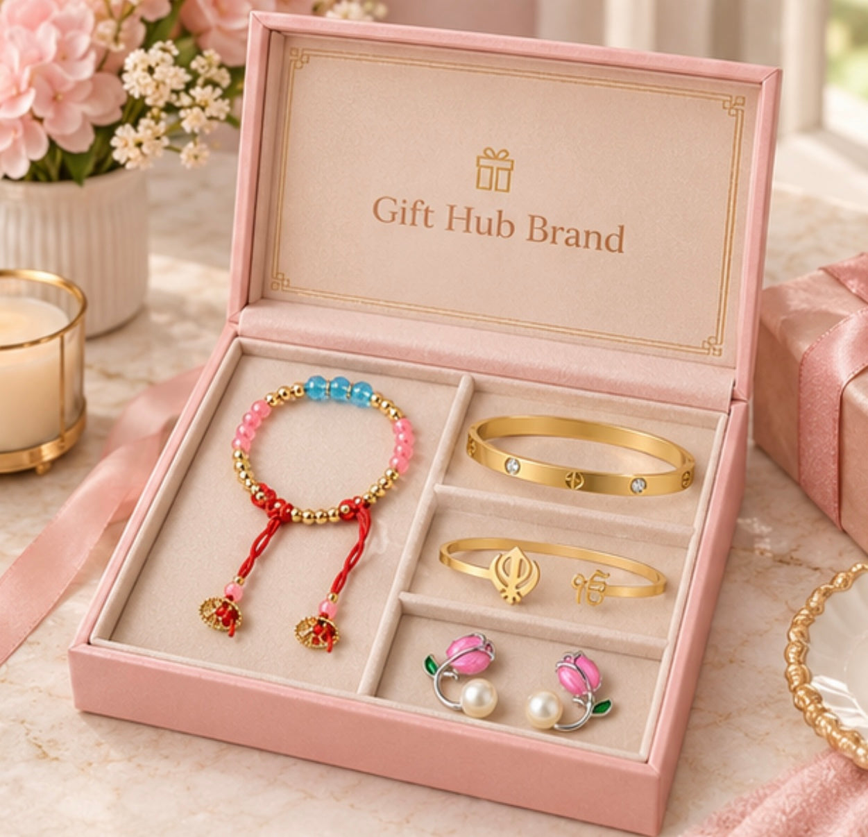 Gift Hub Brand Premium Jewelry Gift Set for Women | Bracelet, Bangles & Floral Pearl Earrings