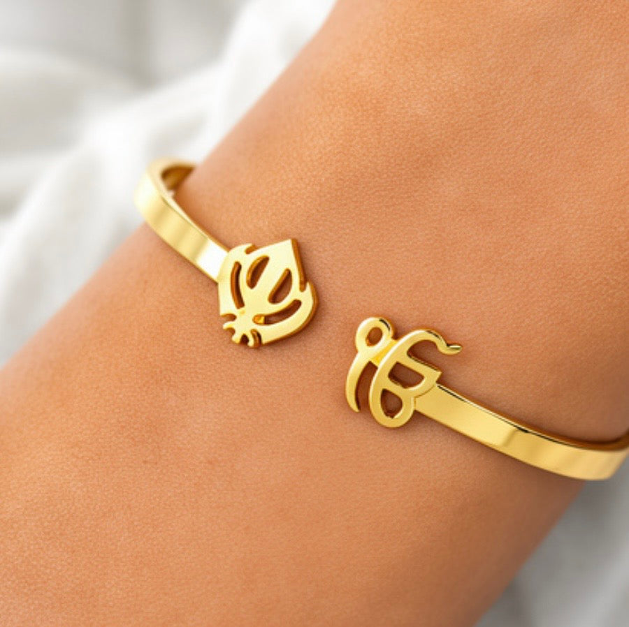 Khanda & Ik Onkar Gold-Tone Open Cuff Bangle