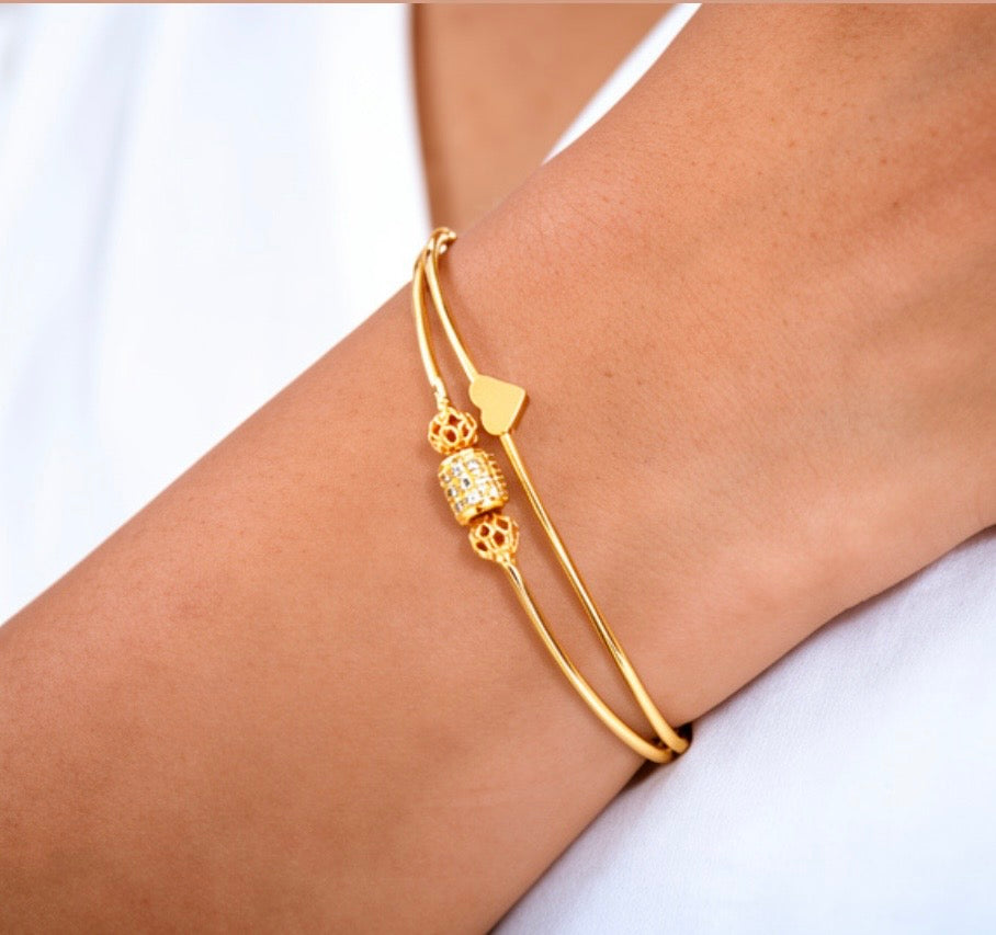 Luxury Gold Open Cuff Bracelet with Crystal & Heart Charm