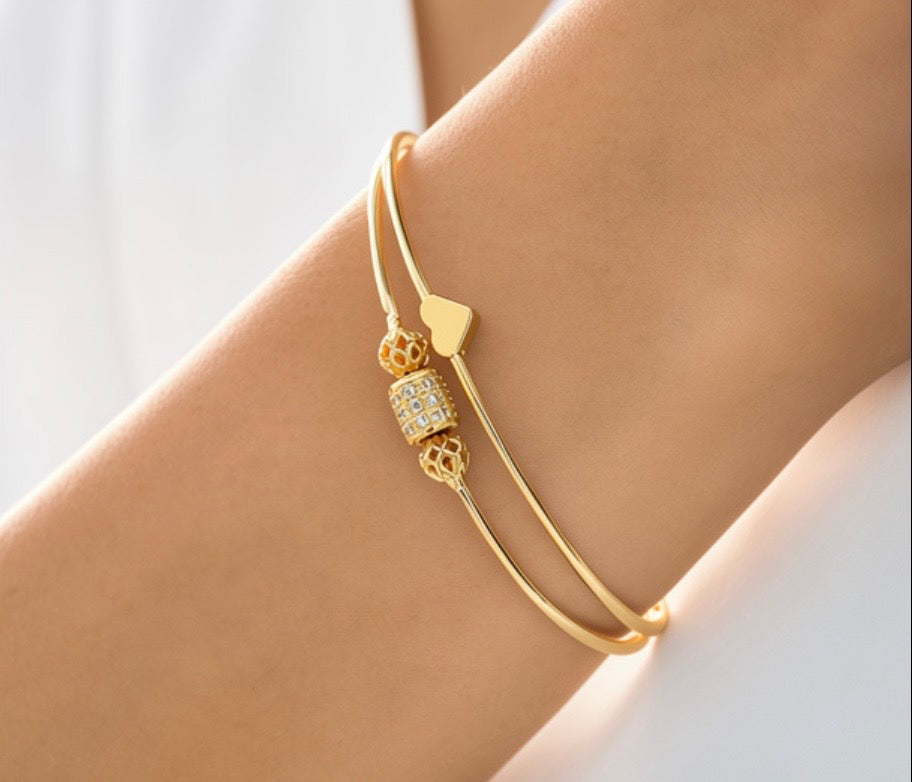 Luxury Gold Open Cuff Bracelet with Crystal & Heart Charm