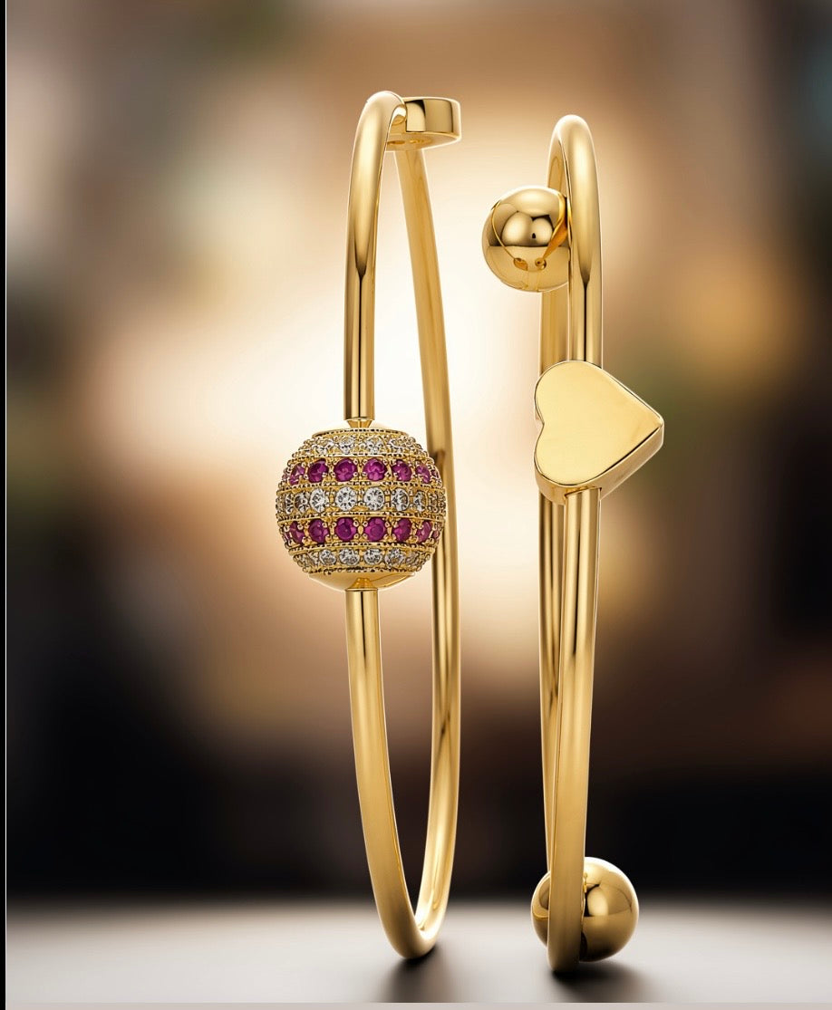 Luxury Gold Open Cuff Bracelet with Crystal & Heart Charm
