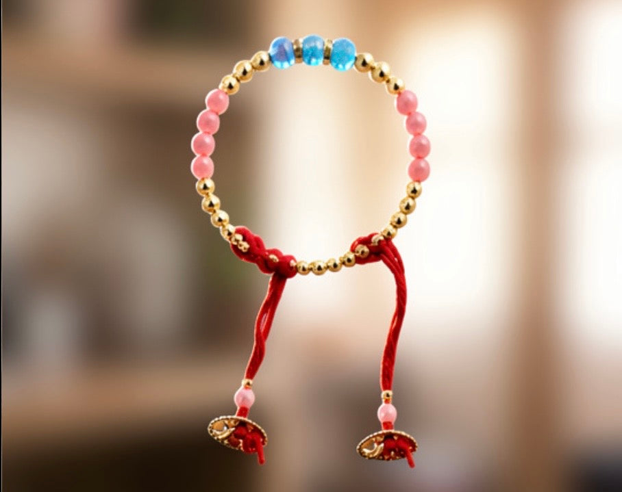 Pastel Beaded Adjustable Bracelet with Gold Beads & Red Thread