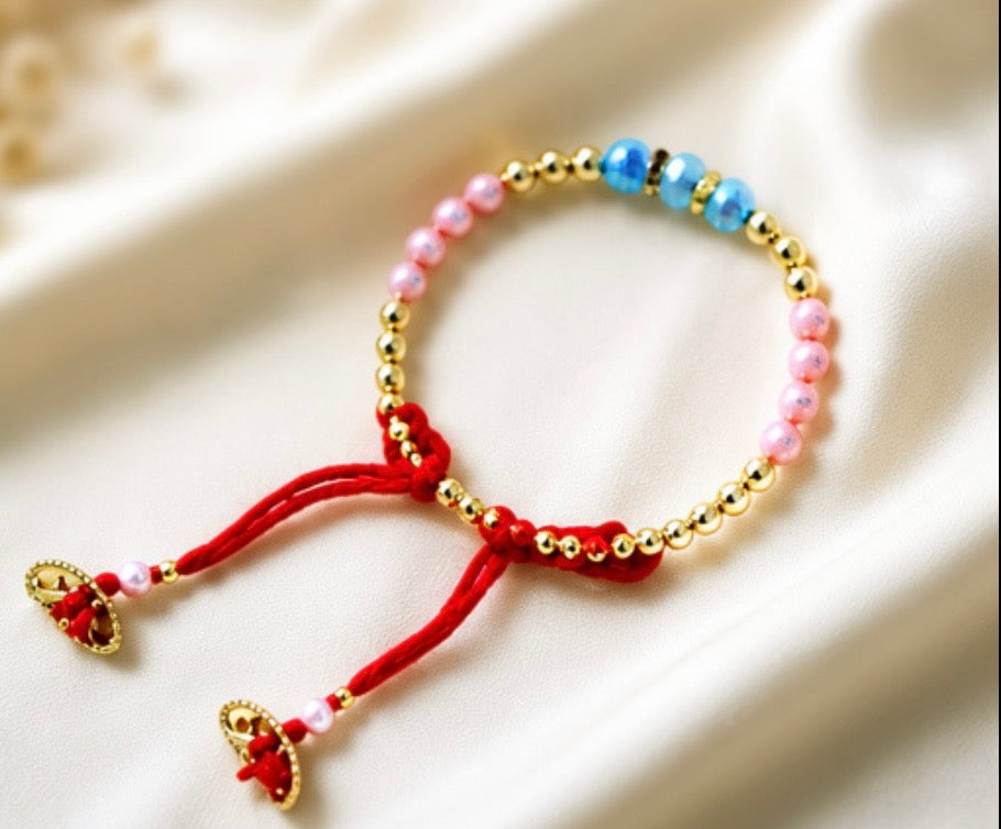 Pastel Beaded Adjustable Bracelet with Gold Beads & Red Thread