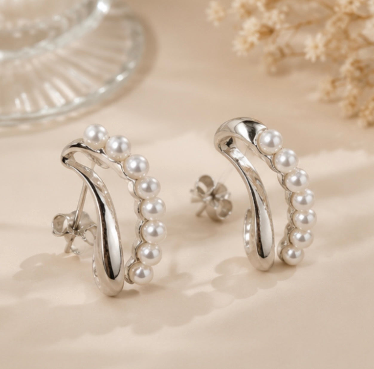 Elegant Silver Pearl Hoop Earrings