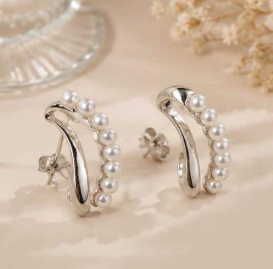 Elegant Silver Pearl Hoop Earrings
