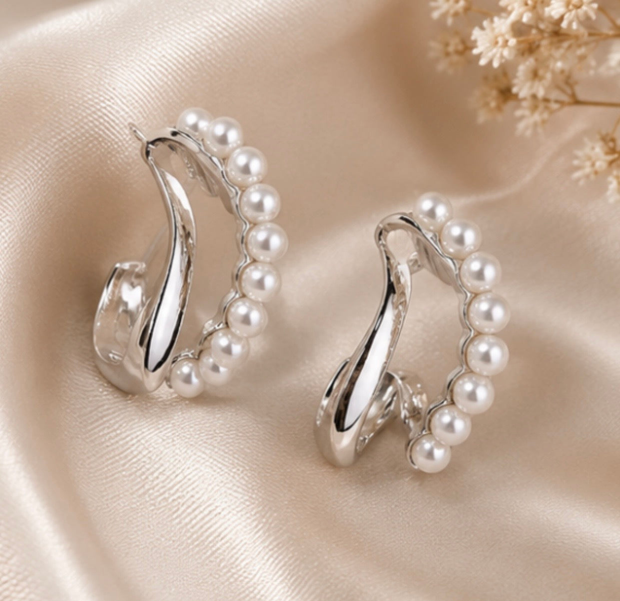 Elegant Silver Pearl Hoop Earrings