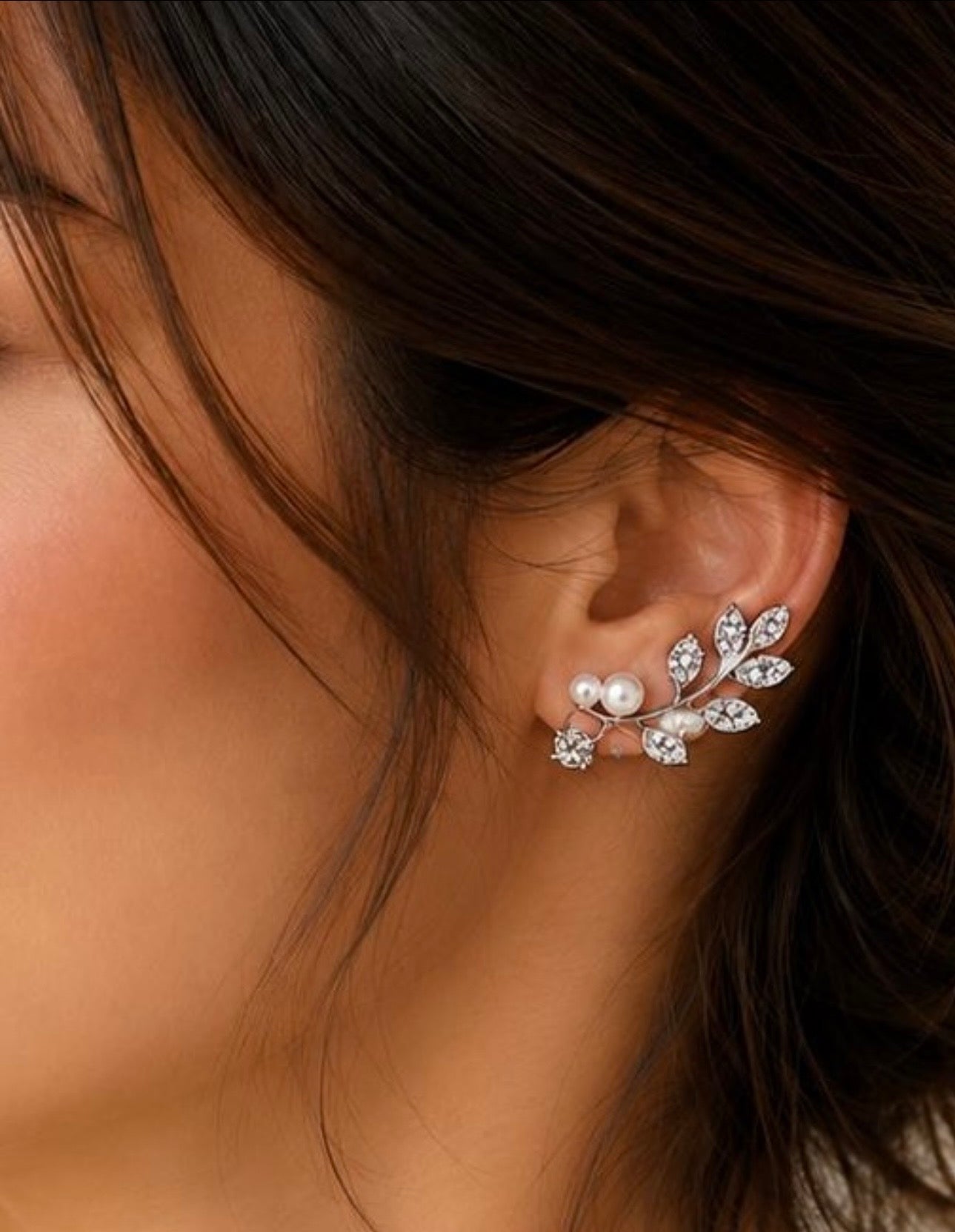 Elegant Crystal Leaf Pearl Ear Cuff Earrings for Women | Silver Bridal Climber Earrings