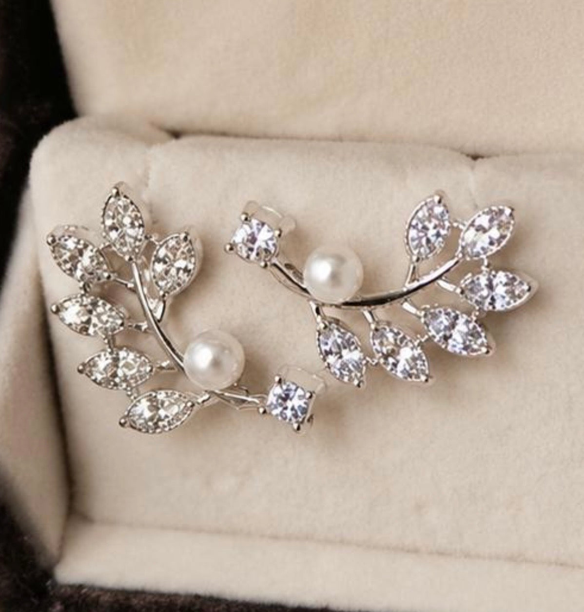 Elegant Crystal Leaf Pearl Ear Cuff Earrings for Women | Silver Bridal Climber Earrings