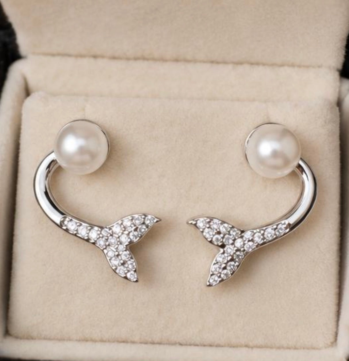 Elegant Pearl & Crystal Whale Tail Stud Earrings – Silver Finish