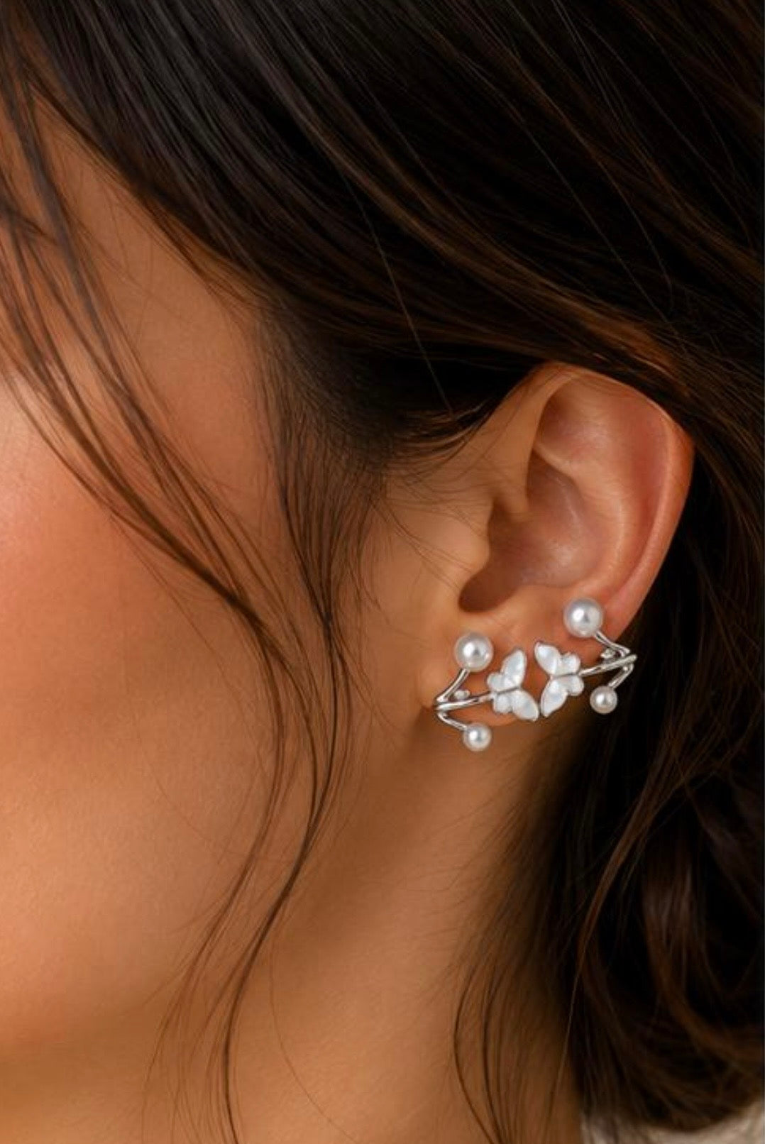 Elegant Butterfly Pearl Open Cuff Earrings – Silver Finish