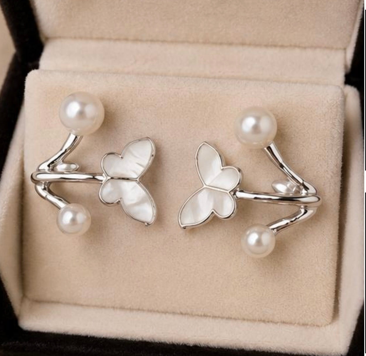 Elegant Butterfly Pearl Open Cuff Earrings – Silver Finish