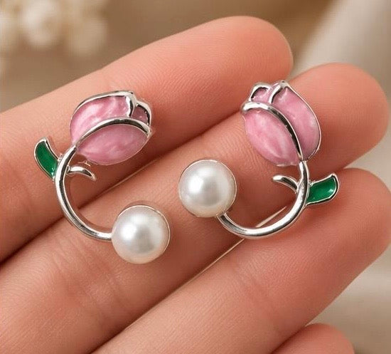 Elegant Pink Rose Pearl Stud Earrings for Women | Floral Fashion Jewelry