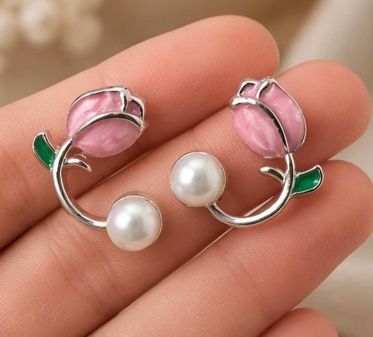 Elegant Pink Rose Pearl Stud Earrings for Women | Floral Fashion Jewelry