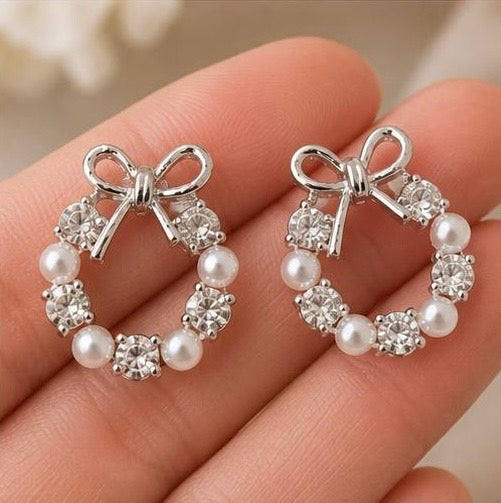 Elegant Bow Pearl & Crystal Stud Earrings for Women | Silver Wreath Earrings